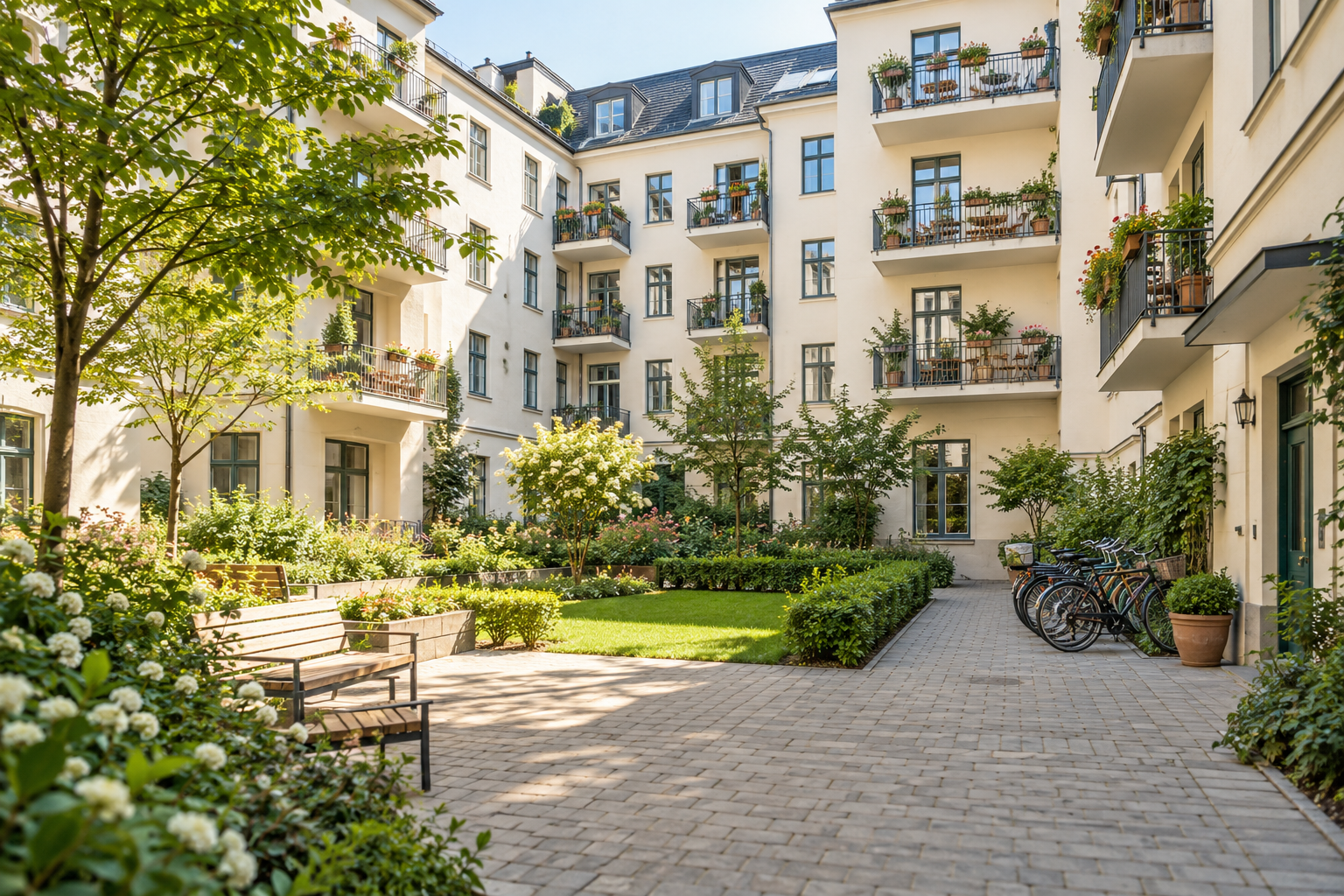 Begrünter Innenhof mit mehreren Wohneinheiten