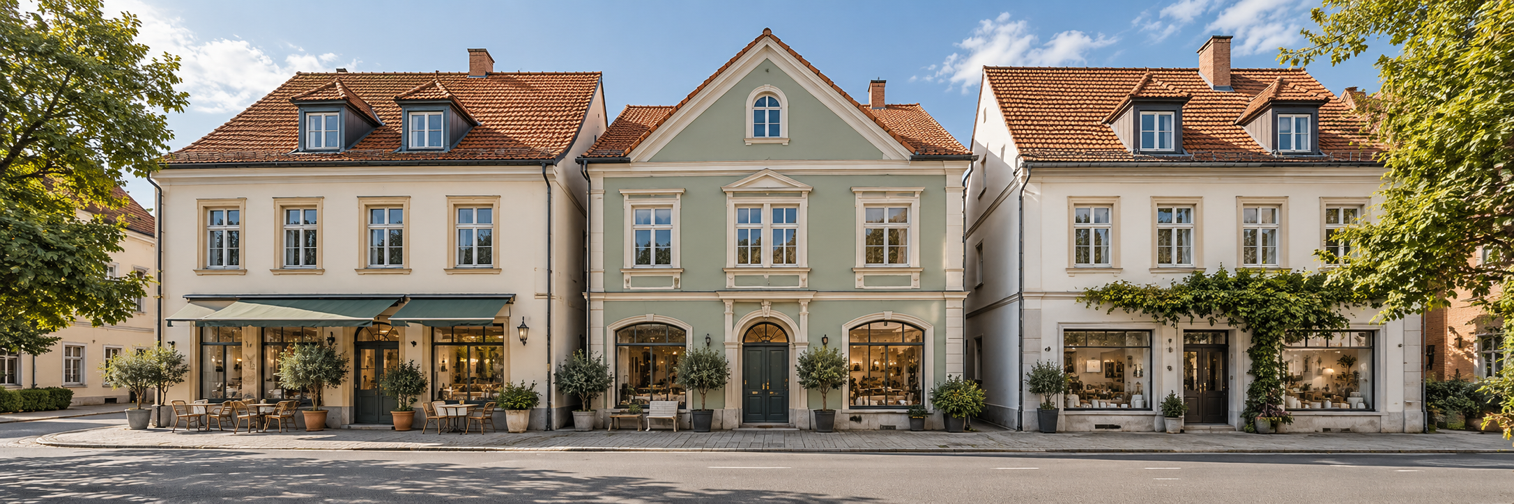 Wohnhäuser mit Geschäftslokalen in einer mitteleuropäischen Stadt