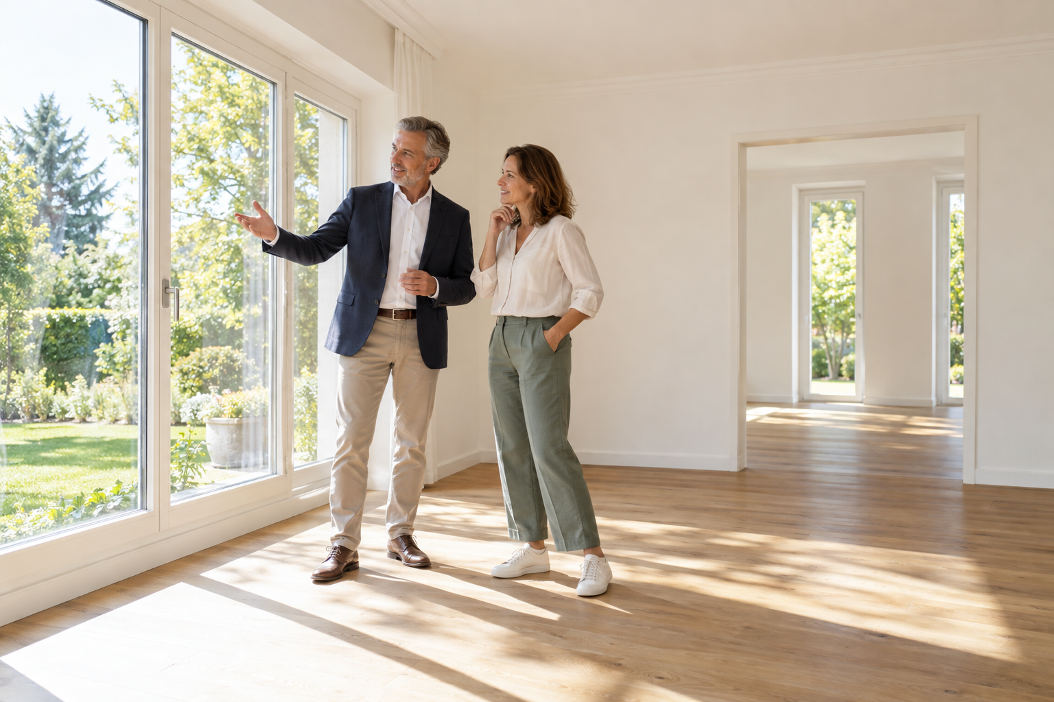 Immobilienberater zeigt einer Interessentin eine helle Wohnung
