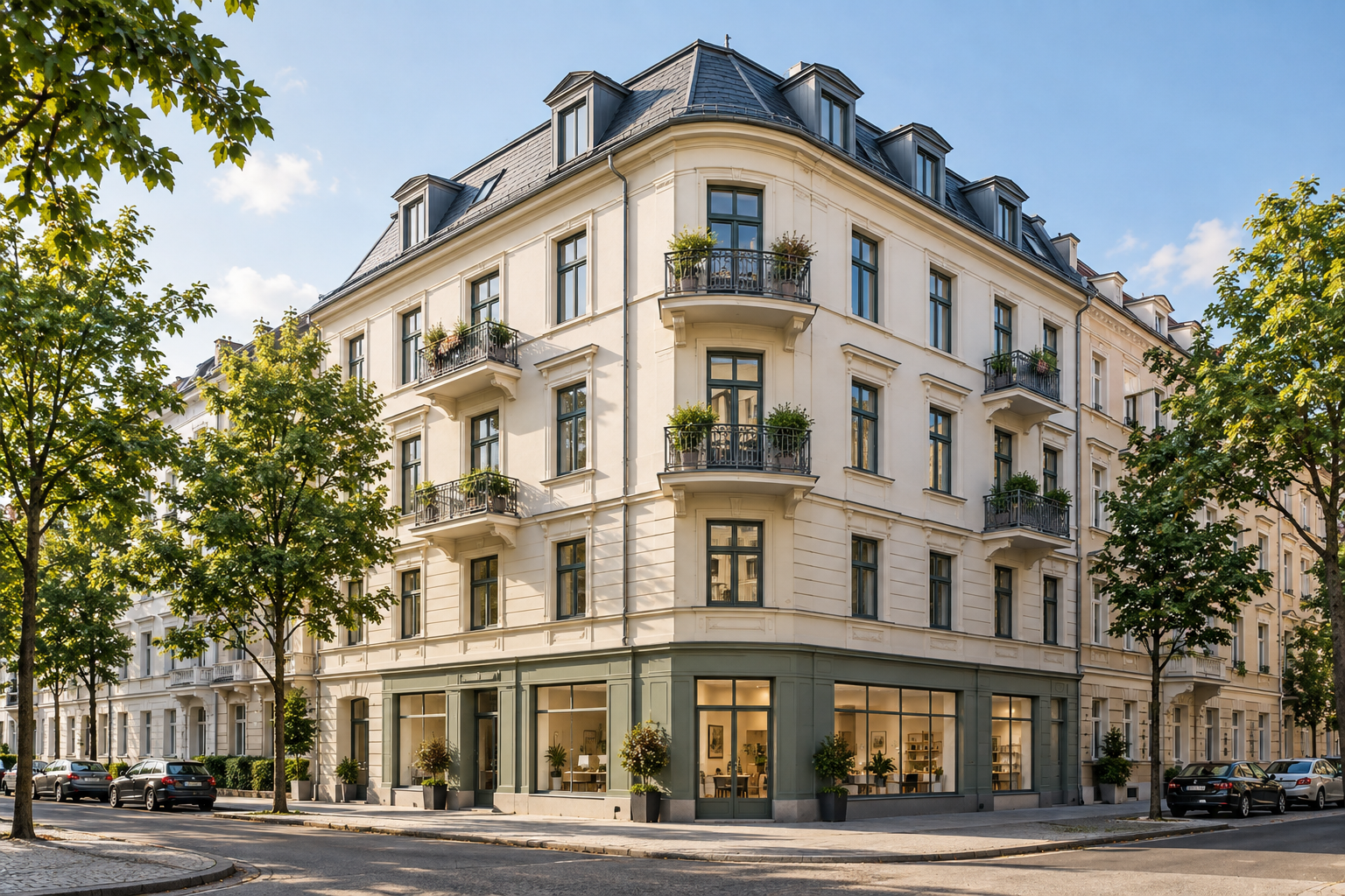Zinshaus mit Balkonen und Geschäftslokalen